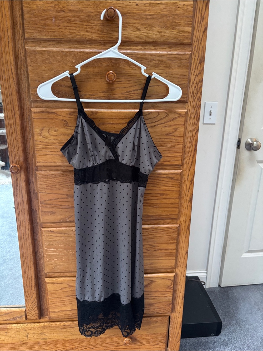 Polka Dot Lace-Trim Chemise in Gray and Black